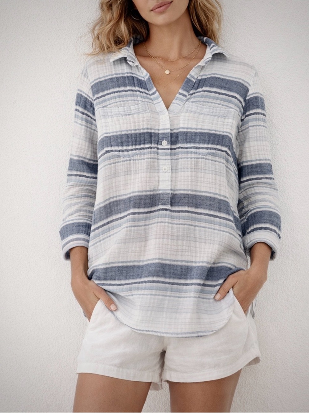 Beachlunchlounge 100% Cotton Blue Striped Gauze Popover Tunic XS